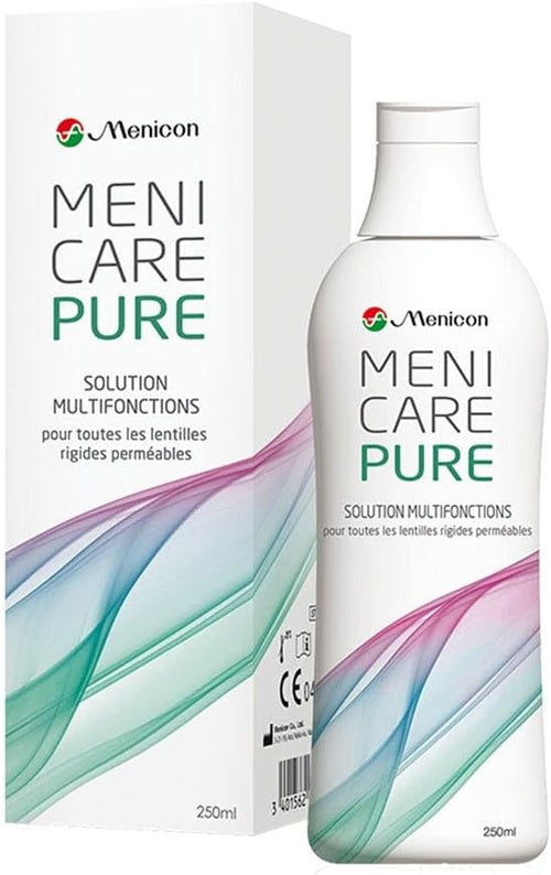 MeniCare Pure محلول متعدد الوظائف لتنظيف وتعقيم وحفظ العدسات الصلبة المنفذة للغاز (RGP) – 250 مل