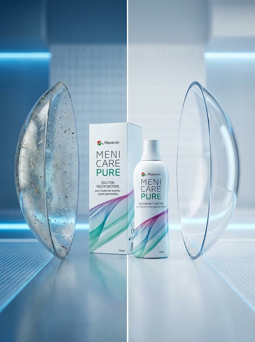 MeniCare Pure محلول متعدد الوظائف لتنظيف وتعقيم وحفظ العدسات الصلبة المنفذة للغاز (RGP) – 250 مل