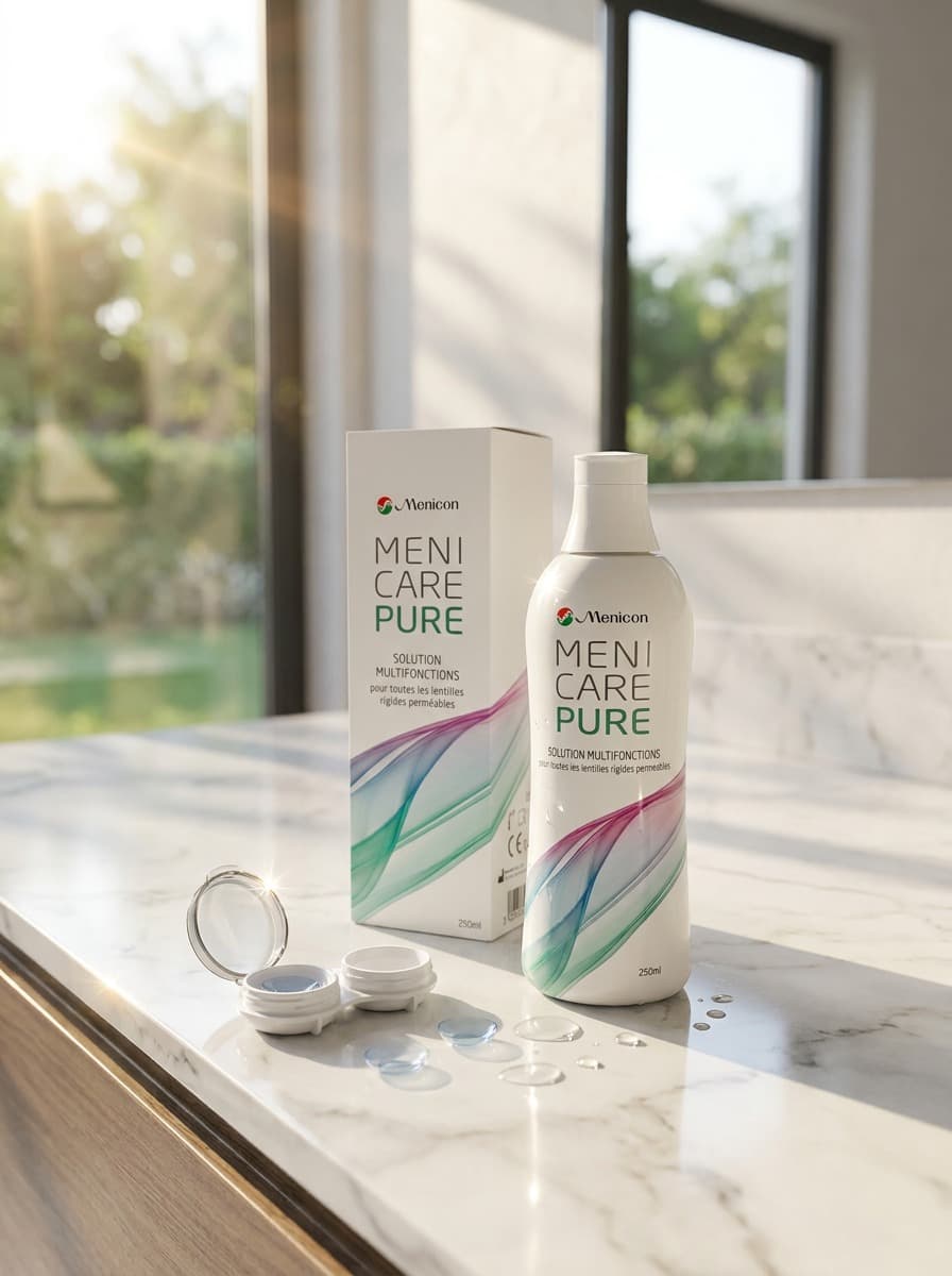MeniCare Pure محلول متعدد الوظائف لتنظيف وتعقيم وحفظ العدسات الصلبة المنفذة للغاز (RGP) – 250 مل