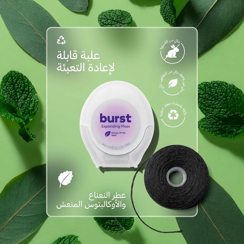 بيرست خيط اسنان قابل للتوسيع - خيط اسنان منسوج يمتص البقع مع طلاء اكسيليتول لمحاربة تسوس الاسنان - نباتي وخالي من البارابين - نعناع اوكالبتوس (40 ياردة)