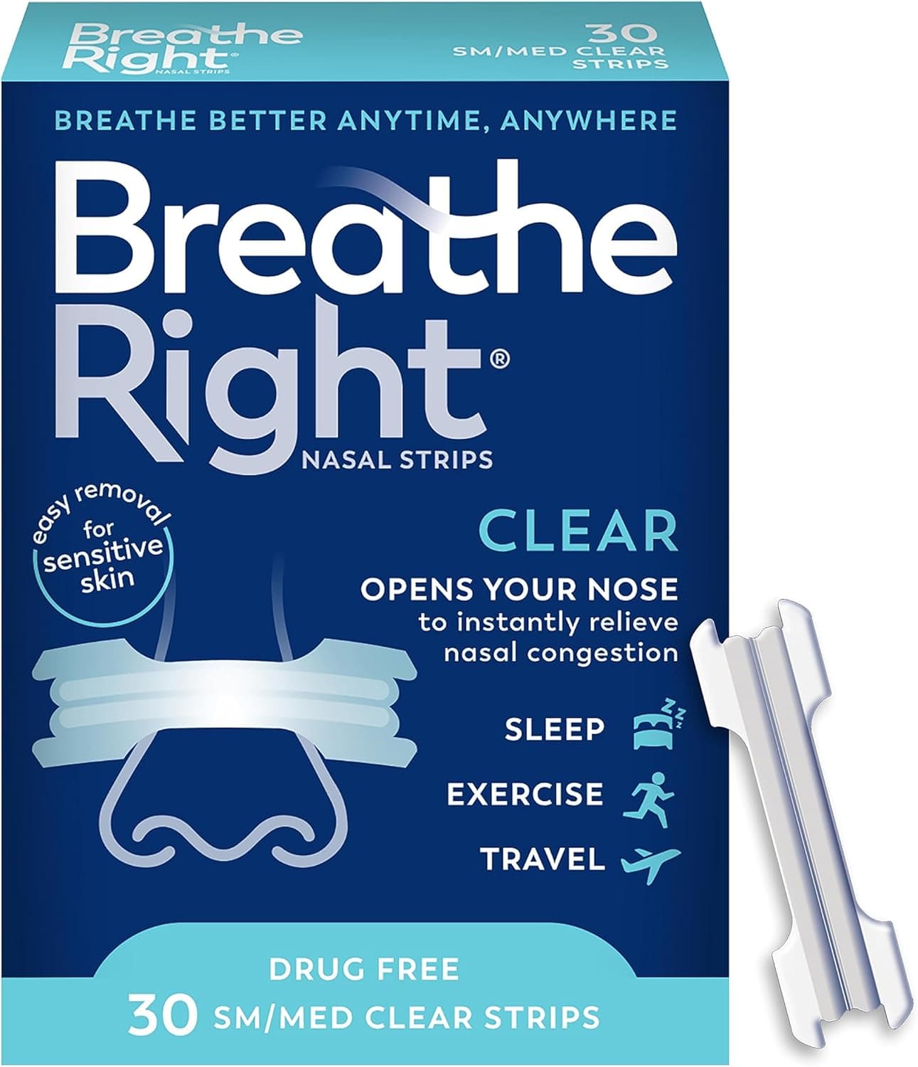 Breathe Right شرائط أنفية شفافة (حجم وسط) – 30 قطعة