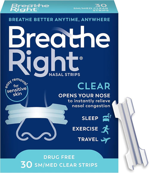 Breathe Right شرائط أنفية شفافة (حجم وسط) – 30 قطعة