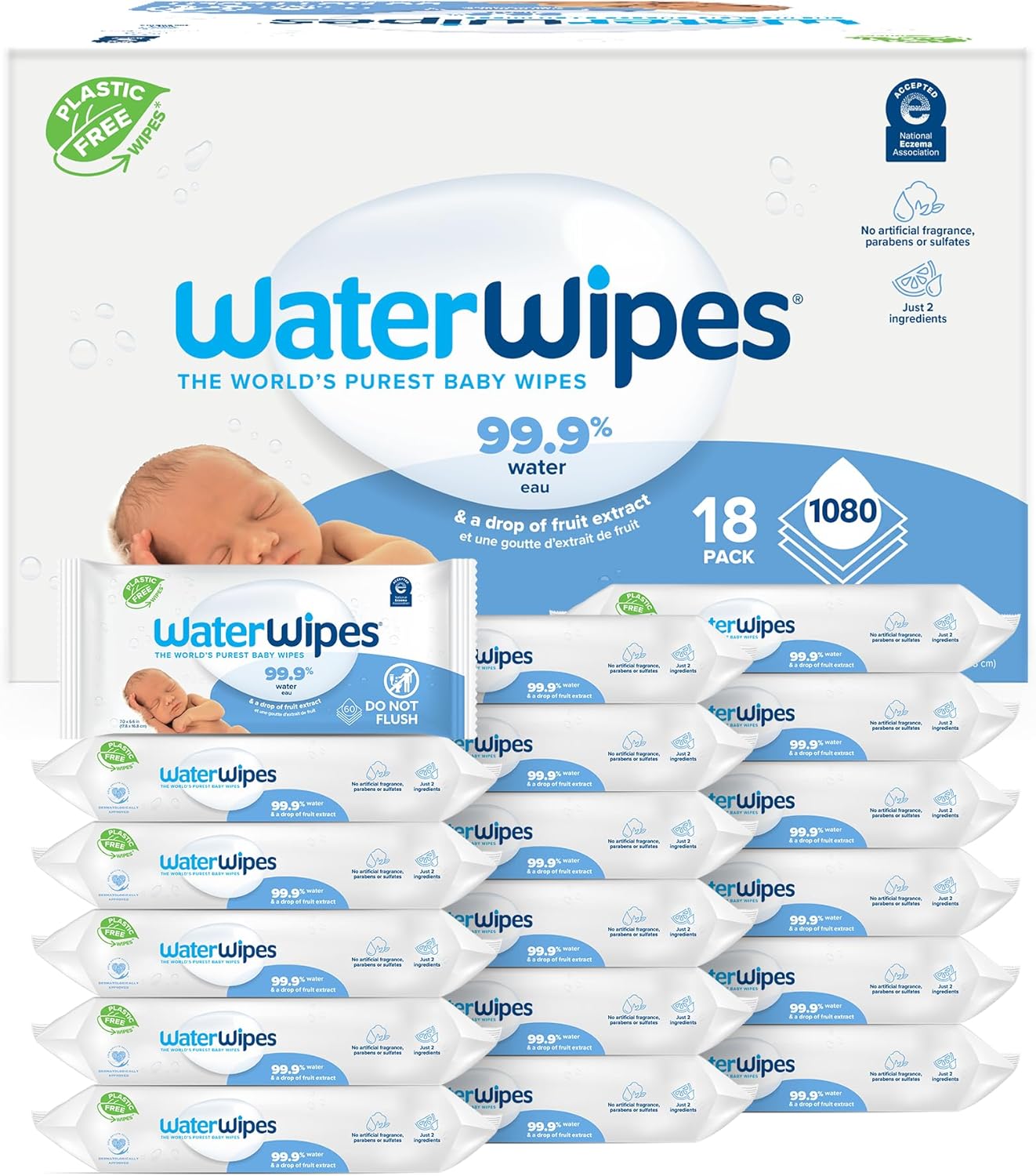 WaterWipes Sensitive+ Newborn & Baby Wipes, 3-In-1 Cleans, Cares, Protects, 99.9% Water, Unscented & Hypoallergenic