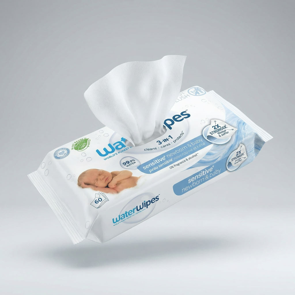 مناديل ووتر وايبس (WaterWipes) لحديثي الولادة والأطفال – تنظّف وتعتني وتحمي – ٩٩.٩٪ ماء نقي مع قطرة من مستخلص الفاكهة – بدون عطر ومناسبة للبشرة الحساسة