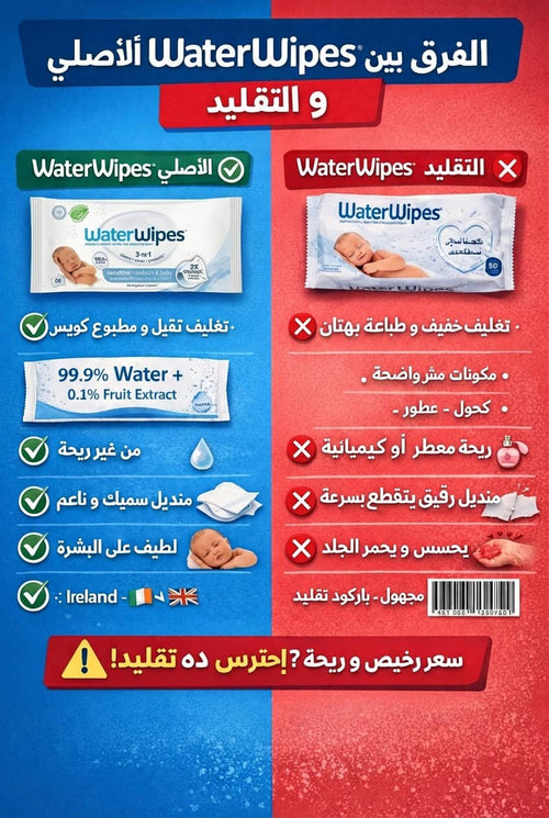مناديل ووتر وايبس ( WaterWipes ) لحديثي الولادة والأطفال – تنظّف، تعتني، وتحمي – ٩٩.٩٪ مويه نقيّة، بدون عطر ومناسبة للبشرة الحسّاسة